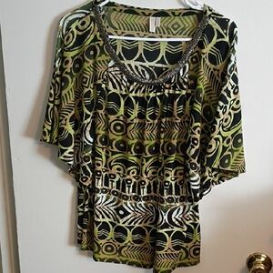 Madison Green and Black Geometric Poncho Top With Embellishments.